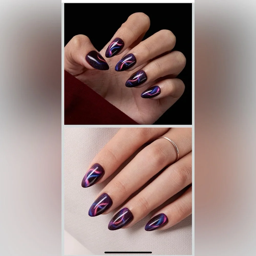 VSALON Press On Nails - Short Almond - Purple Cat Eye Sparkle for Spring